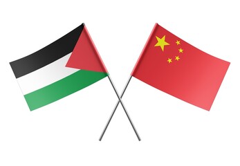  Crossed China and Palestine flags. Official colors. Correct proportion. Poster design. Digital Image.