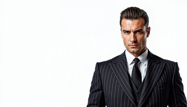 A sharp portrait of an Italian mafia man in a pinstriped suit, exuding authority and power.

