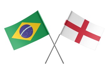 Crossed Brazil and England flags. Official colors. Correct proportion. Poster design. Digital Image.