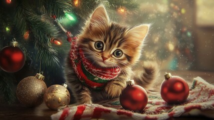 A tiny kitten in a holiday scarf, playing with ornaments under a decorated Christmas tree, exuding festive charm.