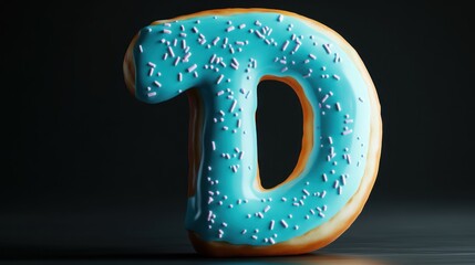 A donut shaped like the letter 'D' with blue icing and sprinkles against a dark background.