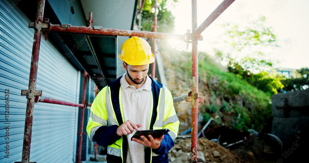 Leinwandbilder Construction site, typing and man with tablet, architecture and network with online schedule. Person, engineering and employee with hard hat, tech and connection with inspector and app for checklist
