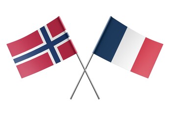  Crossed France and Norway flags. Official colors. Correct proportion. Poster design. Digital Image.