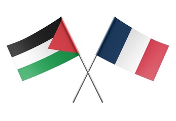  Crossed France and Palestine flags. Official colors. Correct proportion. Poster design. Digital...