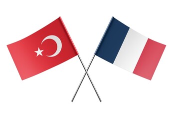  Crossed France and Turkey flags. Official colors. Correct proportion. Poster design. Digital Image.