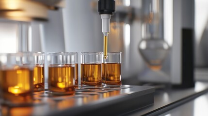Laboratory scene with glass vials containing a liquid, showcasing scientific experimentation.