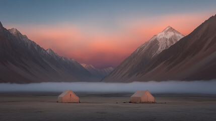 Two tents are set up in a field with mountains in the background. The sky is a beautiful pink color, and the mountains are covered in snow. The scene is peaceful and serene