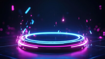 A glowing circular platform with vibrant blue and pink lights, suggesting a futuristic theme.