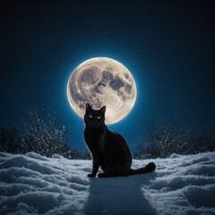 A black cat silhouetted against a bright blue moon on a white snowy night.