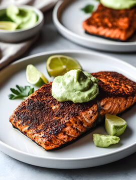 a high-quality side view photograph of a white plate with Keto Blackened Salmon with Avocado Cream. Ingredients: For the Blackened Salmon: - 2 salmon fillets (about 6 oz each) - 1 tablespoon olive oi