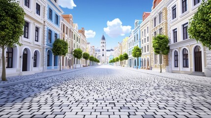 Naklejka premium Cobblestone Street, Colorful Buildings | Vibrant Colors: The pastel...