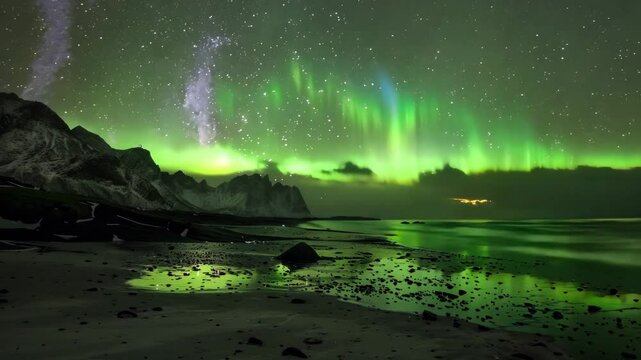 Stunning view of the northern lights illuminating the night sky over Haukland Beach in the Lofoten Islands, Norway.