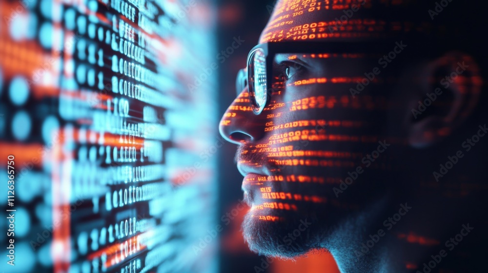 Wall mural man in glasses looking at binary code on computer screen, portraying futuristic, tech-savvy vibe in 