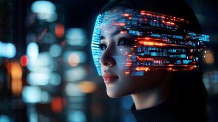 Woman Face with Futuristic Interface, Grid Pattern, Diverse Colors, Cityscape Background – Technological and Futuristic Concept