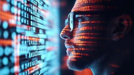 Man in glasses looking at binary code on computer screen, portraying futuristic, tech-savvy vibe in dark background