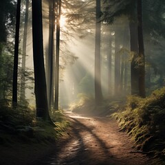 A serene forest trail enveloped in morning mist, Generative Ai