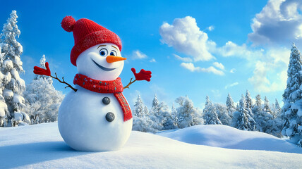 Obraz premium An amusing snowman, adorned with a trendy red hat and red scarf, graces a snow-covered field with a backdrop of brilliant blue skies
