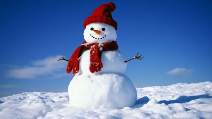 Fototapeta premium An amusing snowman, adorned with a trendy red hat and red scarf, graces a snow-covered field with a backdrop of brilliant blue skies