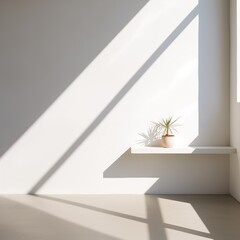 A minimalist composition of strong geometric shadows cast on a clean, white wall by sunlight streaming through a window, Generative Ai