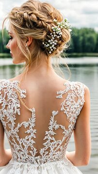 Bride in elegant lace gown by the lake, showcasing intricate back design during a serene summer afternoon