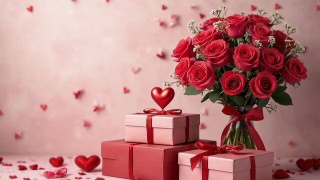 A bouquet of red roses sits on top of three pink boxes. The boxes are stacked on top of each other, and the roses are in a vase. Concept of love and celebration, as the roses