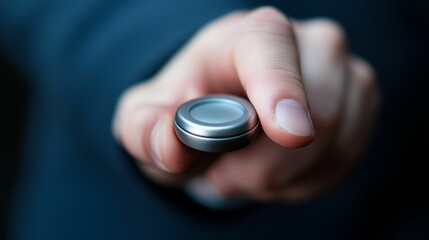 Hand holds small, metallic, round object.