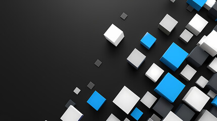 Abstract 3D geometric shapes in white, grey and blue on black background.