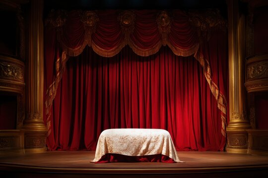 Theater stage with dramatic lighting and empty seats, ready for an unforgettable performance.