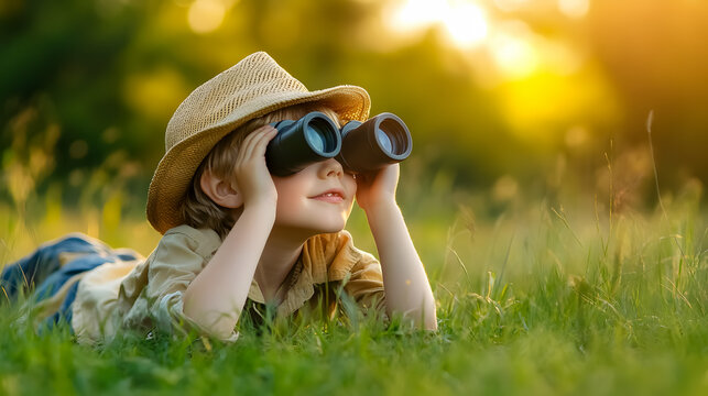 A little boy, equipped with binoculars and a safari hat, lies in the grass, eagerly seeking knowledge.