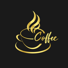 Golden design vector template Coffee cup logo. Hot drink concept icon