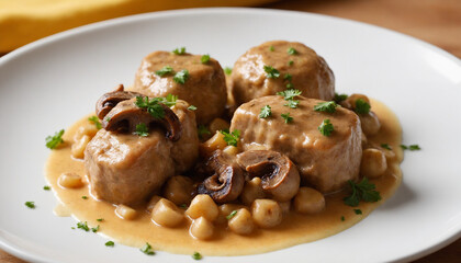 Z&uuml;rcher Geschnetzeltes in close-up style in warm colors representing a traditional Swiss dish
