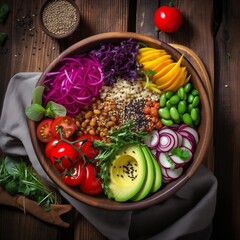 A colorful vegan Buddha bowl filled with fresh vegetables, Generative Ai