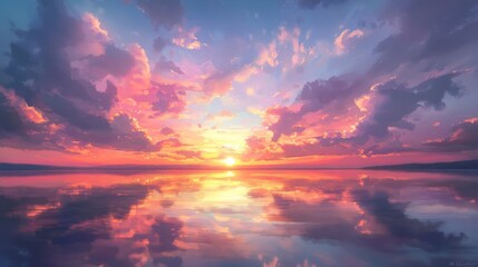 Fototapeta premium Sunset Sky Reflection, Scenic Clouds on Calm Water, Sunset Horizon Glow Reflection