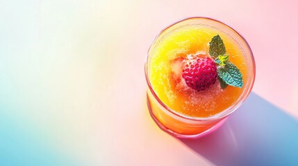 A refreshing fruity drink garnished with a strawberry and mint, served in a glass.