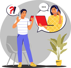 Call center concept. Clients assistance, hotline operator. Illustration on transparent background