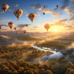 A fleet of hot air balloons rising over a scenic valley at sunrise, Generative Ai