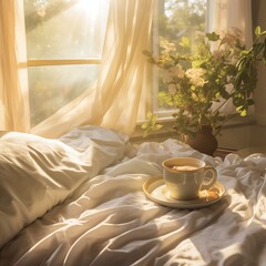 Soft sunlight streaming through sheer curtains onto a cozy, Generative Ai
