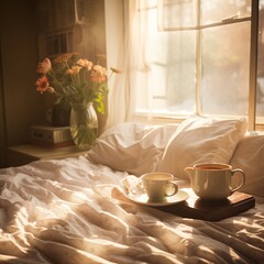 Soft sunlight streaming through sheer curtains onto a cozy, unmade bed with a cup of coffee on the side table, Generative Ai