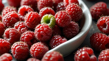 Fresh raspberries in bowl. Ripe juicy fresh raspberries. Organic raspberries, healthy food,...