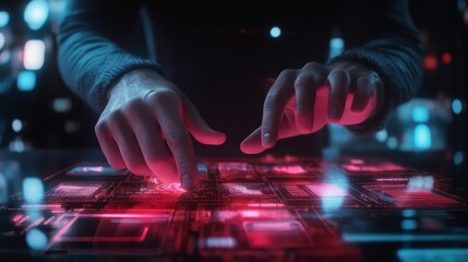 Hands interact with glowing, digital interface.
