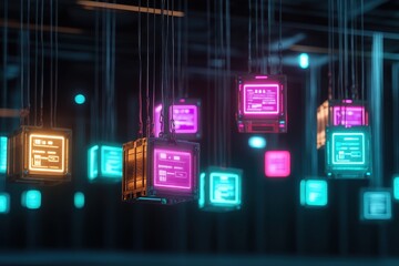 Obraz premium Vibrant shipping crates illuminated by colorful labels, showcasing a lively and dynamic cargo scene.