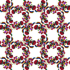 Floral ethnic motif. Ukrainian pattern. Seamless pattern. Decorative composition with floral motifs. Watercolor. Wallpaper. Use printed materials, signs, posters, postcards, packaging.