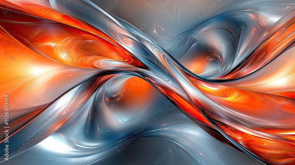 Poster swirling patterns of orange and silver create a dynamic abstract design with depth and motion