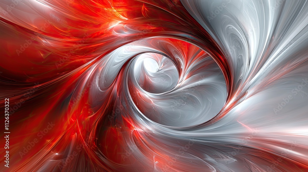 Poster swirling red and silver abstract pattern creating a dynamic visual depth