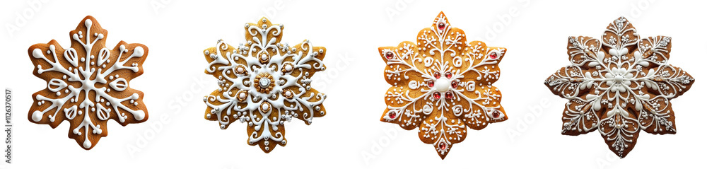 Poster gingerbread cookie shaped like a snowflake, set against a clear transparent background.