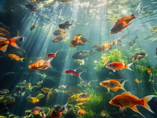 underwater scene with colorful fish swimming in sunlight