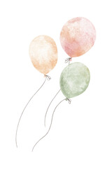 Colorful balloons. Attributes and decoration for holiday. Isolated hand drawn watercolor illustration. Clipart for Valentine's cards, posters, Birthday party, baby shower and children's room