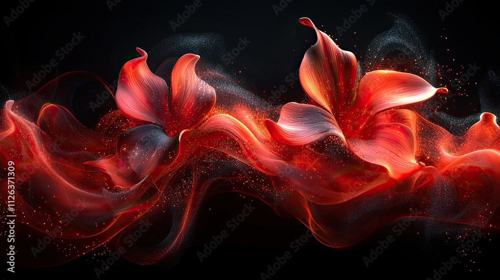Poster colorful red lilies with flowing patterns create an abstract visual effect against a dark background