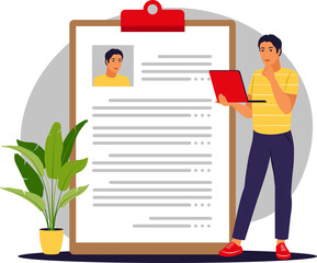 Resume concept. Man makes resume on transparent background