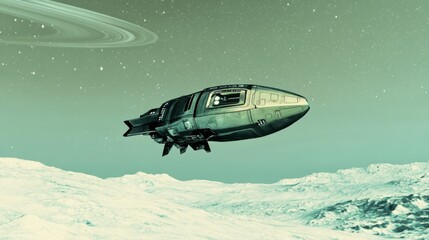 Obraz premium Futuristic spacecraft hovering above icy Uranus surface, distant stars and faint rings visible, symbolizing outer solar system exploration with advanced technology.